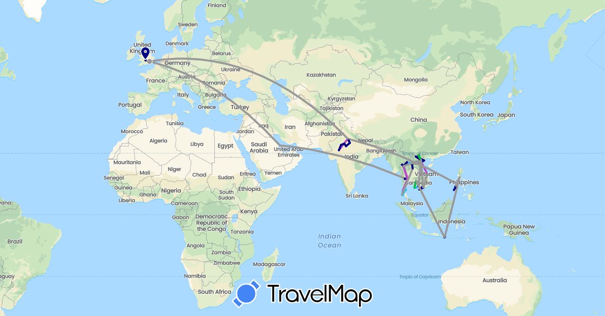 TravelMap itinerary: driving, bus, plane, train, boat, motorbike in Bahrain, United Kingdom, Indonesia, India, Cambodia, Laos, Philippines, Thailand, Vietnam (Asia, Europe)